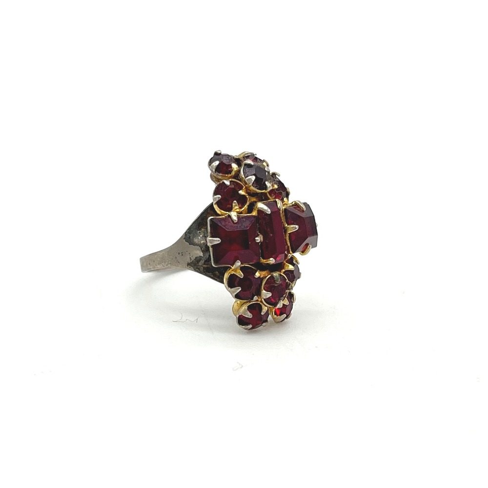 Vintage Sterling Silver Red Rhinestone‎ Adjustable Cocktail Ring Floral Design